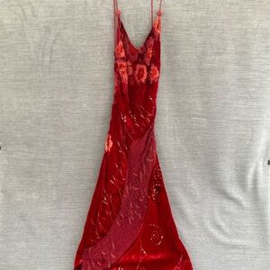 90s Sue Wong Red Beaded Dress Backless